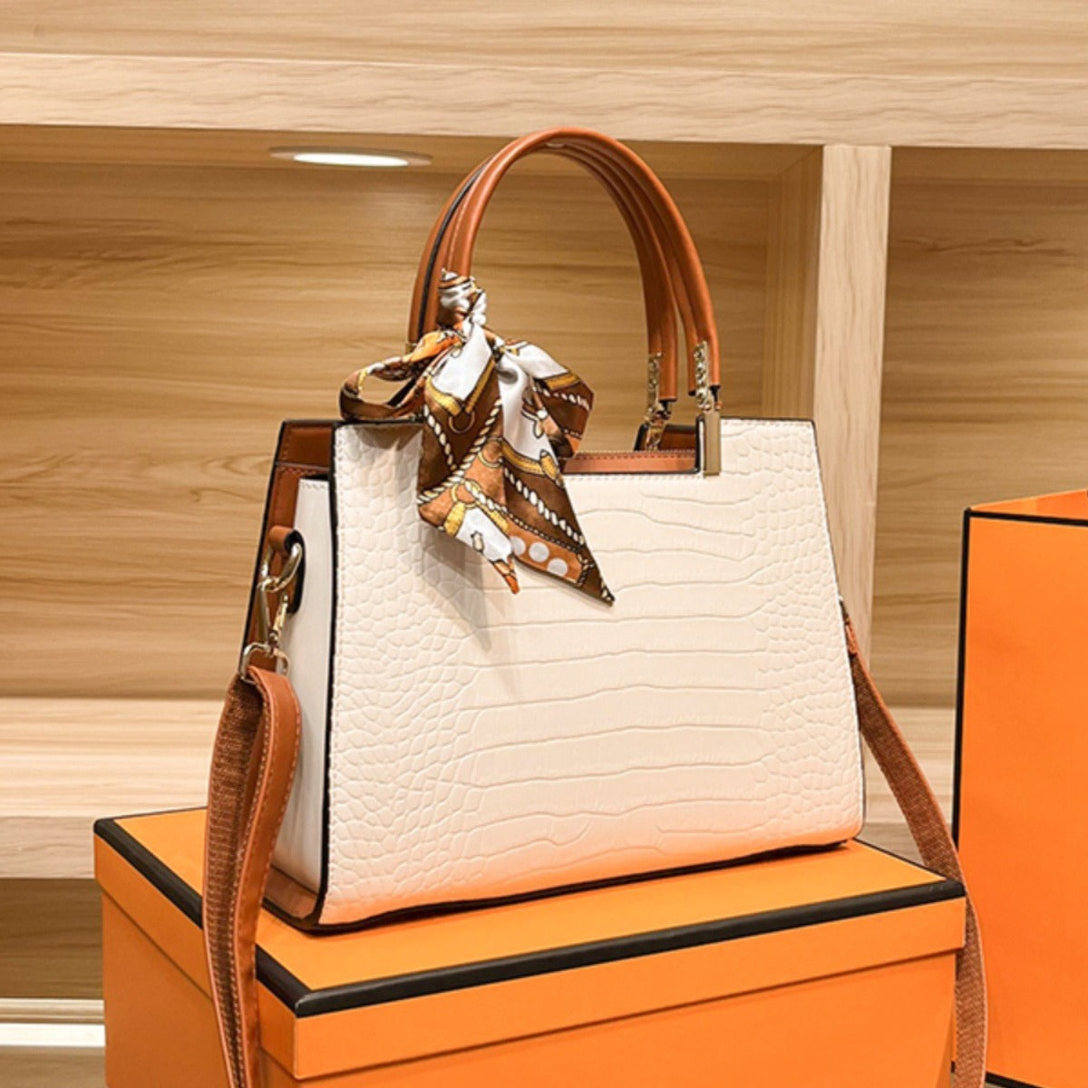 Sarah Express Structured Crocodile-Grain Apricot Crossbody Bag