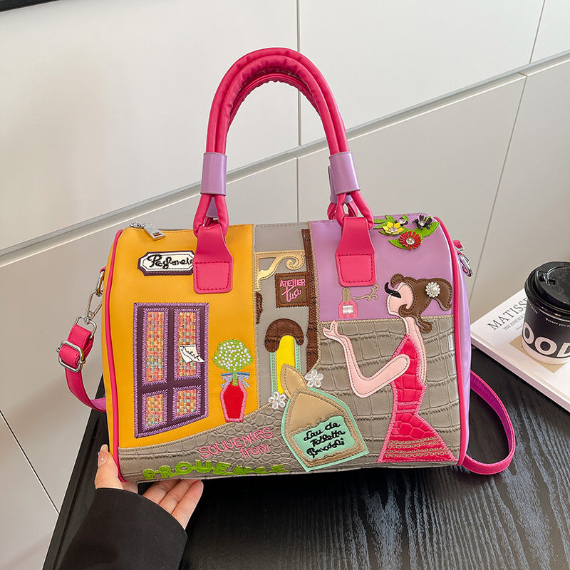 Sarah Express Embroidered Patchwork Boston Handbag