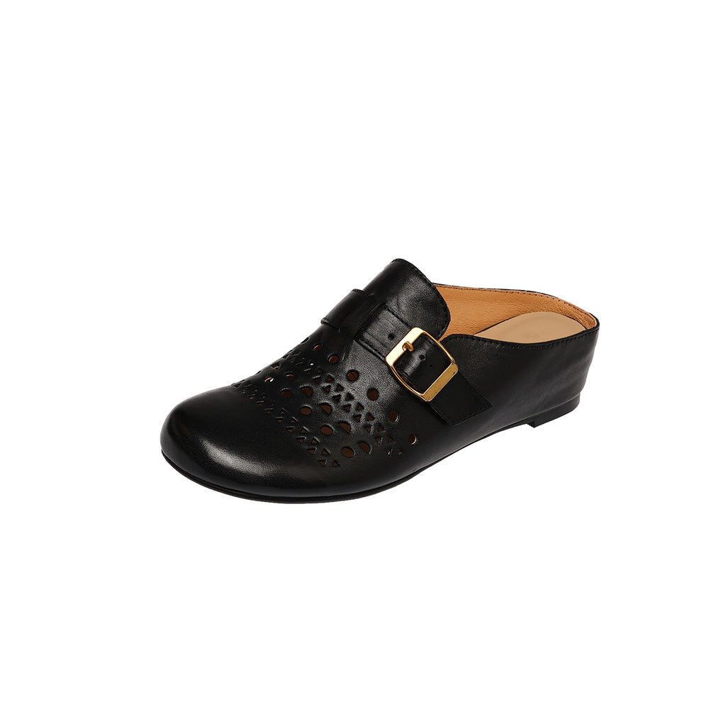 Sarah Express Perforated Cowhide Buckle Flat Mules Black