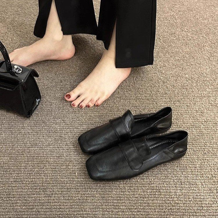 Sarah Express French-Style Retro Square Toe Flat Loafers Black