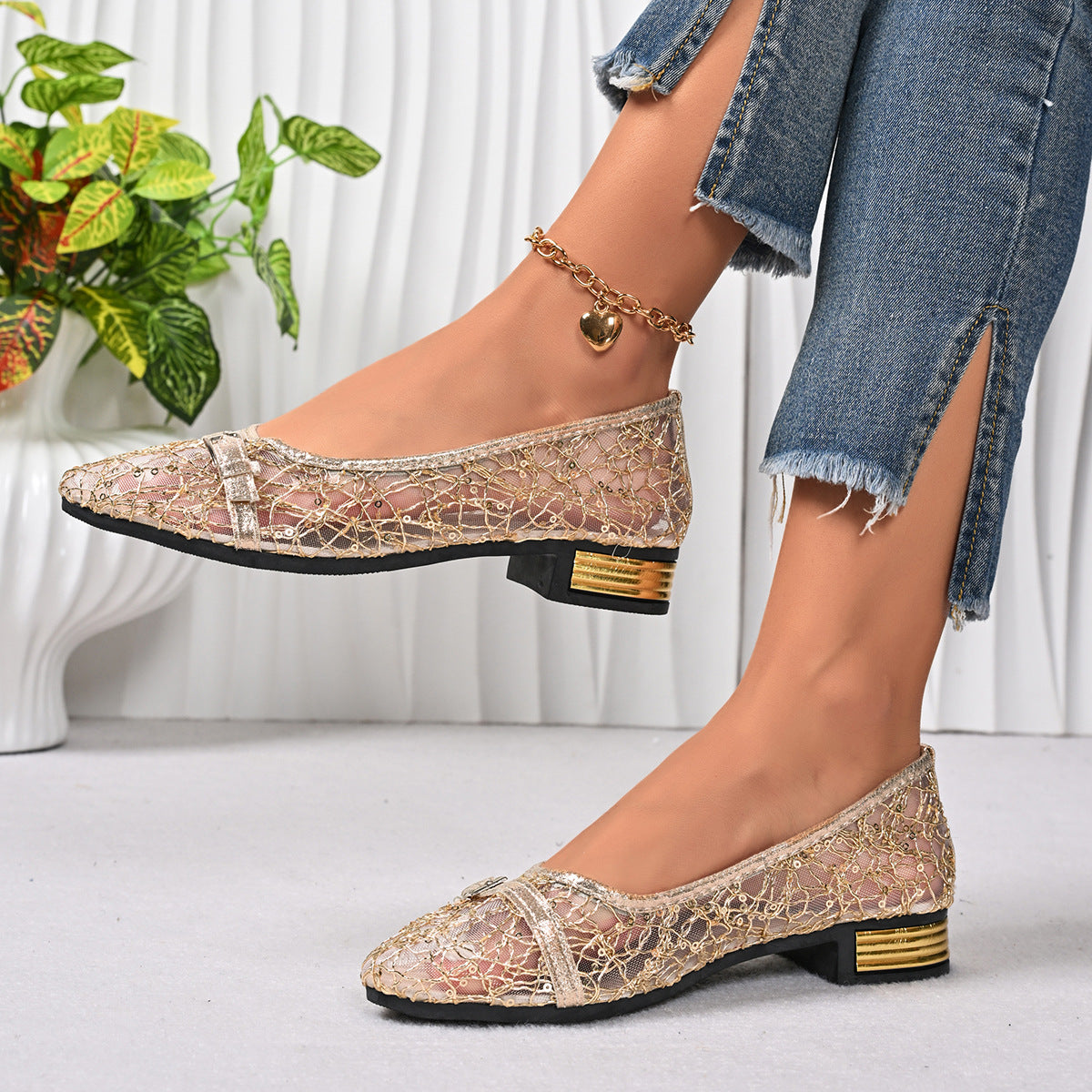 Sarah Express Women's Pointed Toe Mesh Bow Heels – Breathable Slip-On Chunky Low Heel Dress Shoes