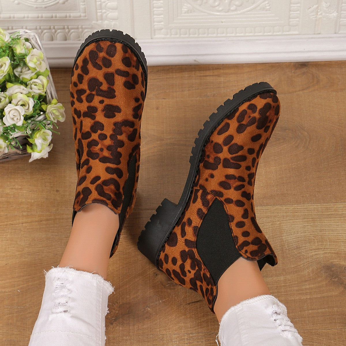 Sarah Express Leopard Print Mid Heel Ankle Boots