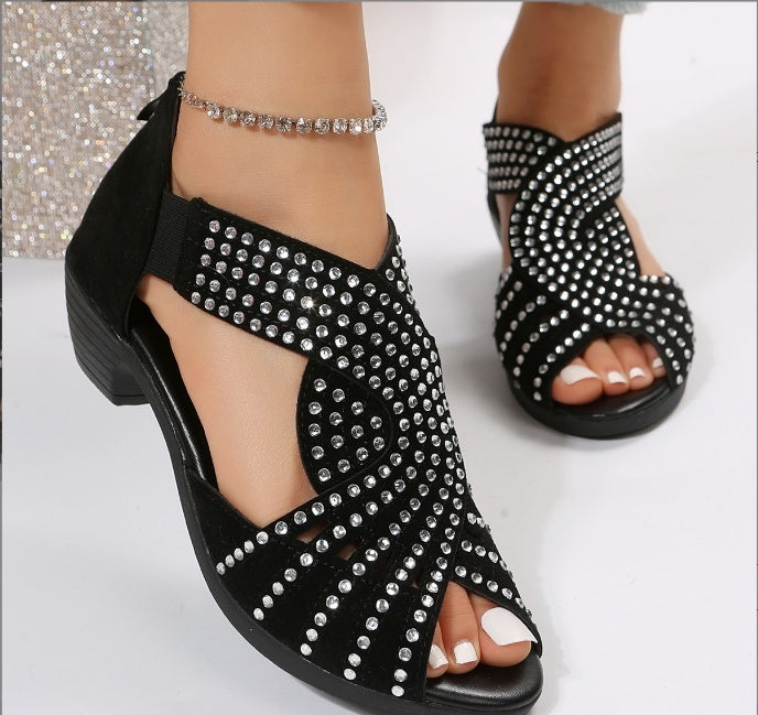 Sarah Express Rhinestone Embellished Open Toe Block Sandals