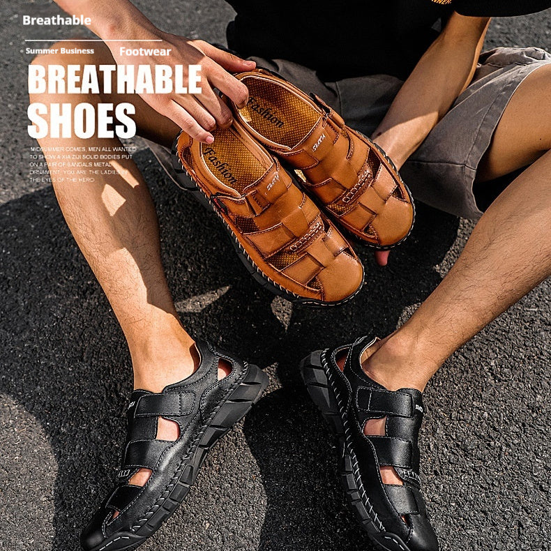 Sarah Express Men's Large Size Velcro Leather Sandals