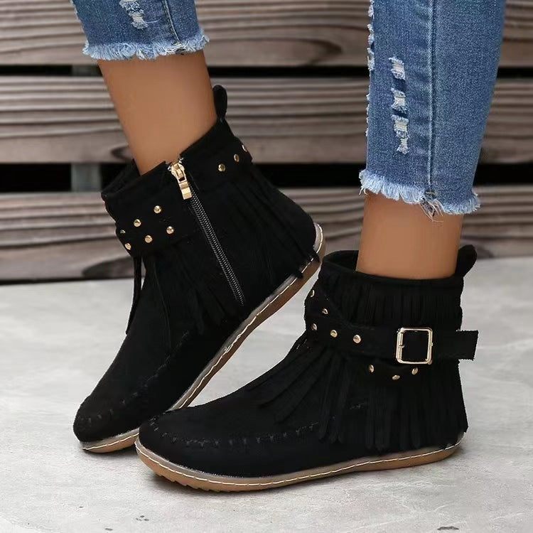 Sarah Express Retro Suede Ankle Boots With Tassel Black