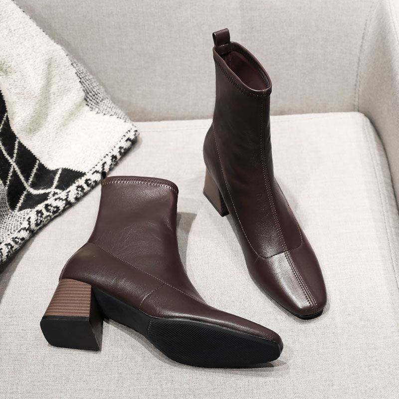 Sarah Express Minimalist Square Toe Chunky Heel Boots