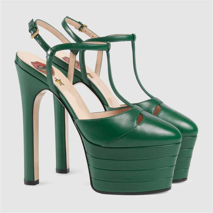 Sarah Express Women's Chunky Platform T-Strap Heels