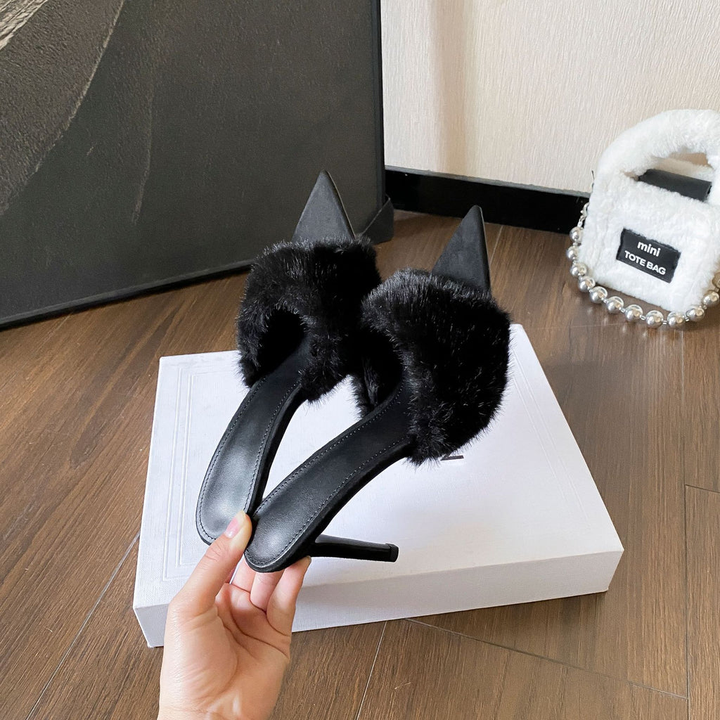 Sarah Express Pointed Toe Plush High Heel Slippers
