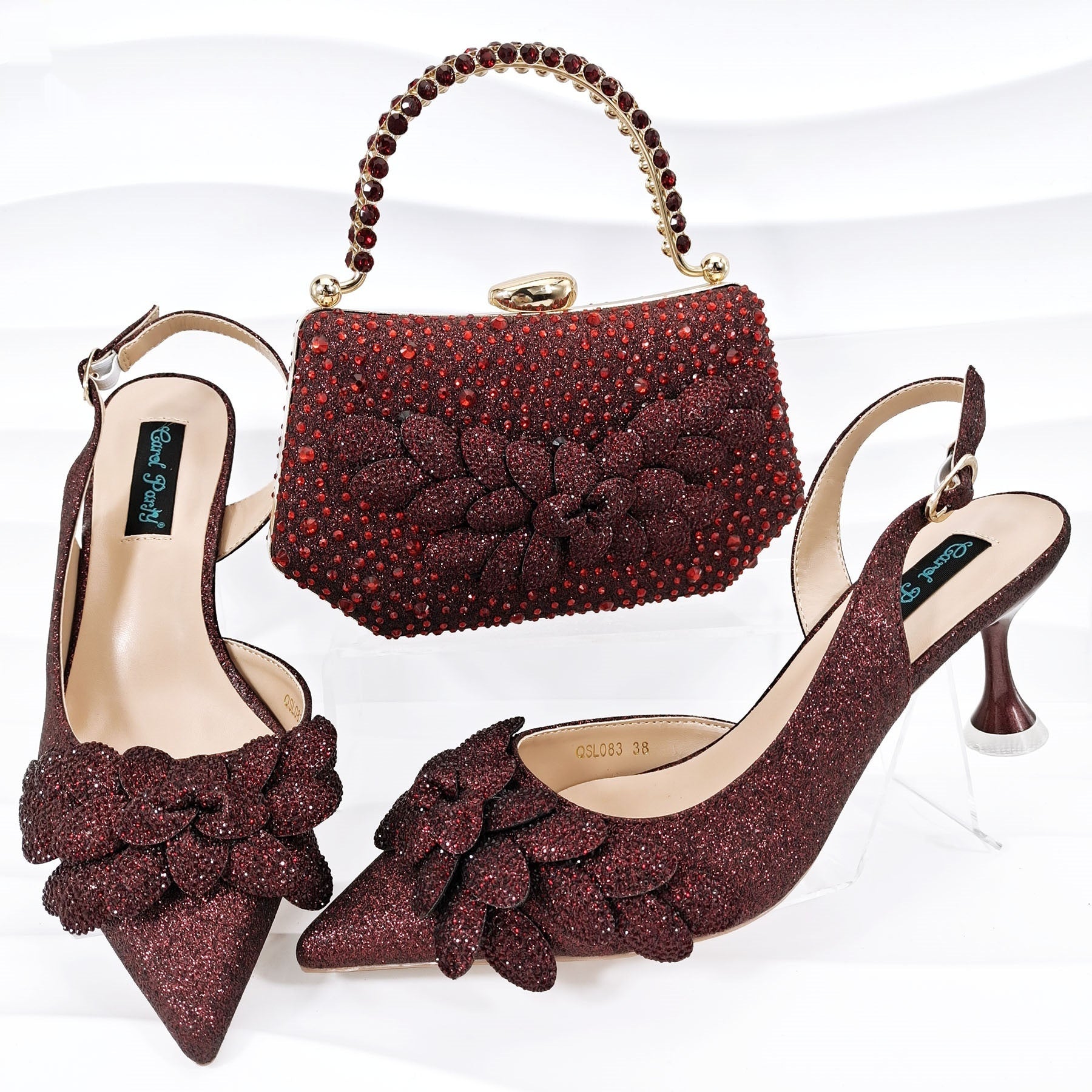 Sarah Express Rhinestone Floral Party Heels and Bag Set Wine Red