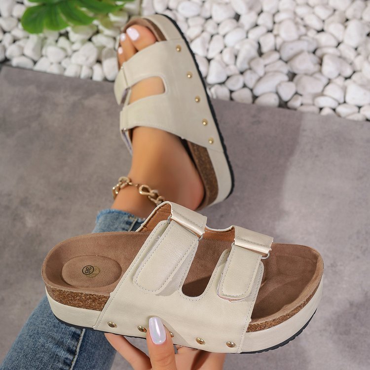 Sarah Express Women's Platform Sandals with Rivet Details Beige
