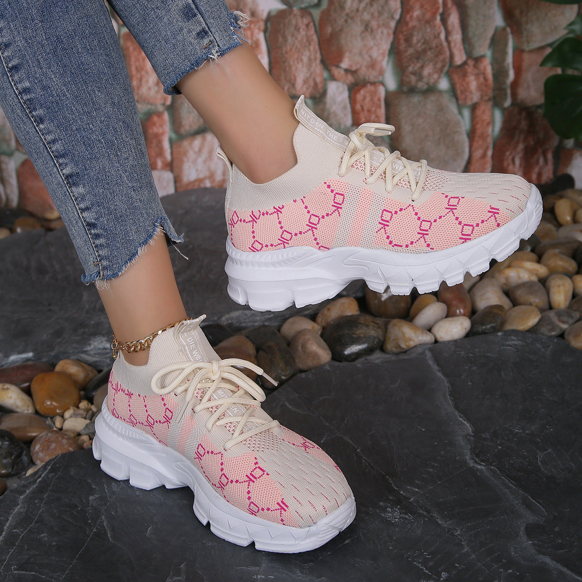 Sarah Express Women's Breathable Mesh Lace-Up Sneakers Pink