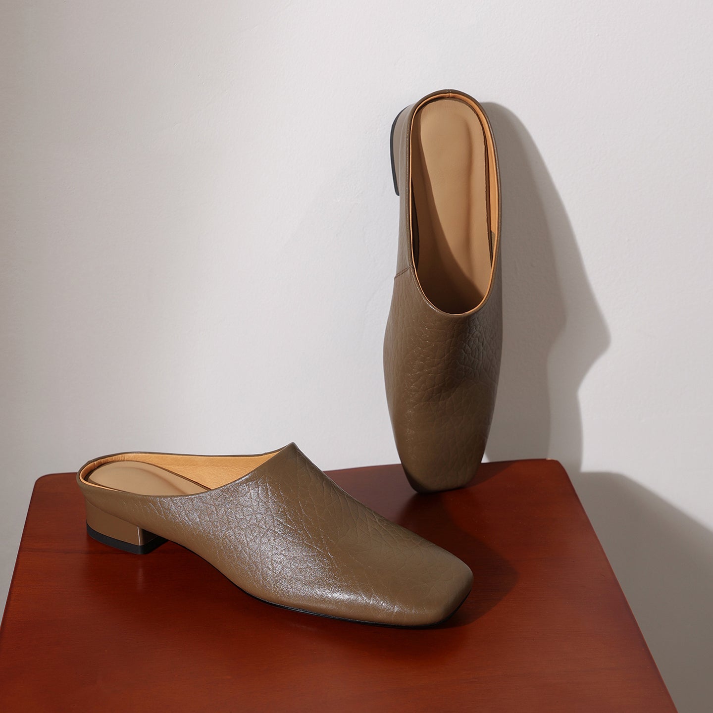 Sarah Express Square Toe Cowhide Low Block Mules