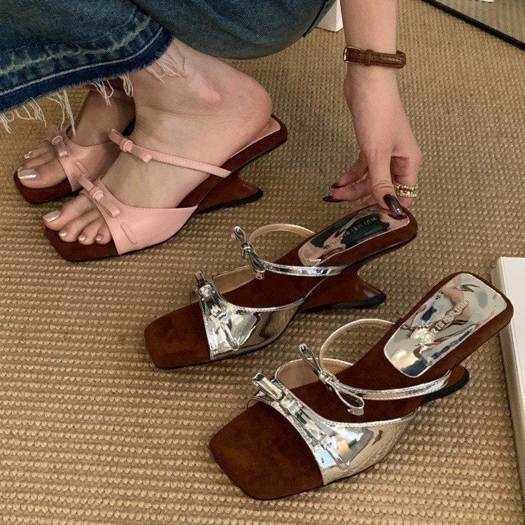 Sarah Express Bow Wedge Sandals One-Strap High Heel