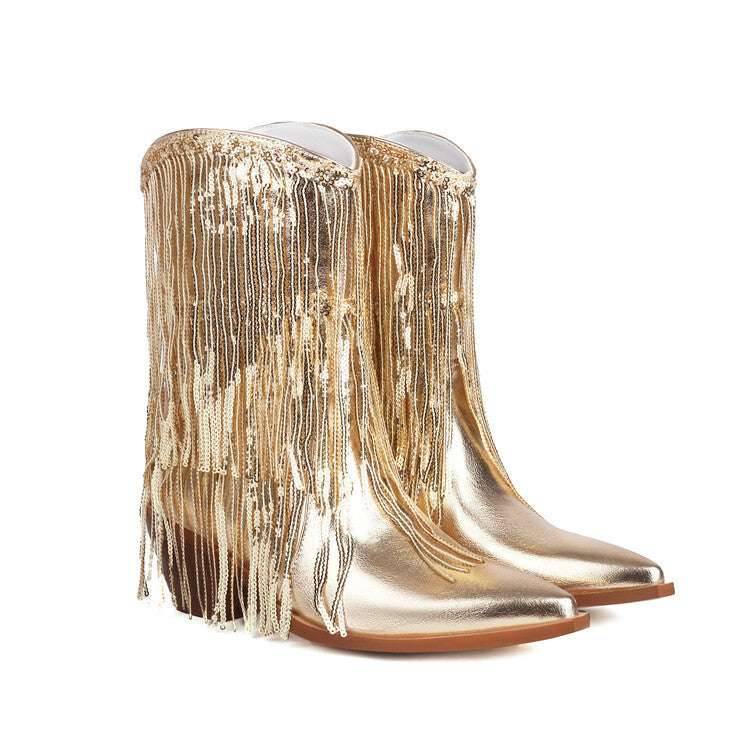 Sarah Express Sequin Tassel Pointed Toe Ankle Boots Gold