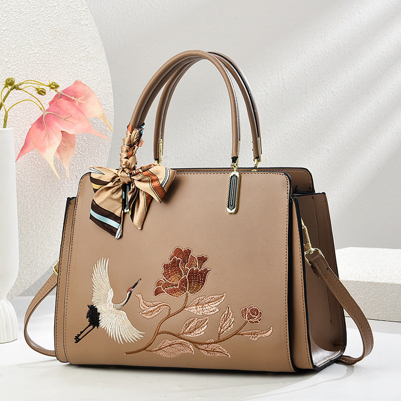 Sarah Express Embroidered Crane Crossbody Tote Bag