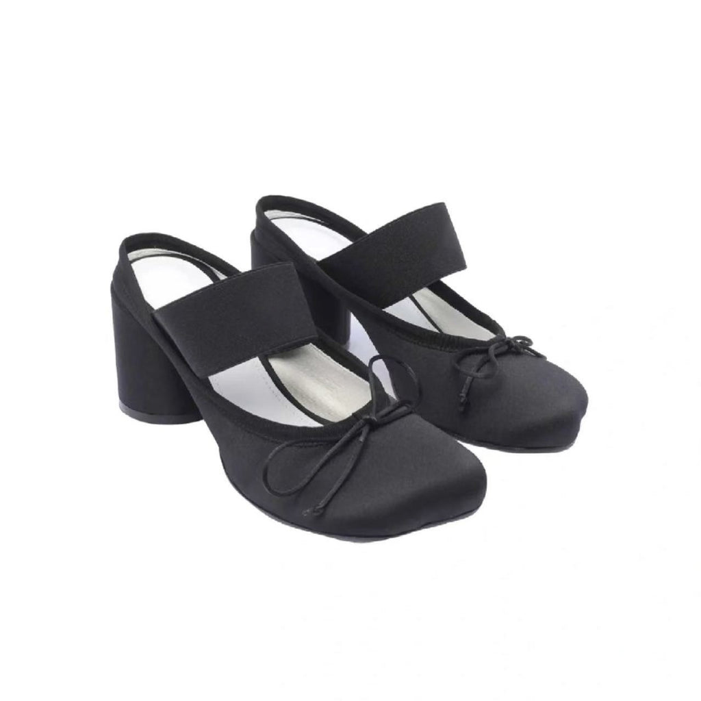 Sarah Express Satin Mary Jane Chunky Heel Flats Black