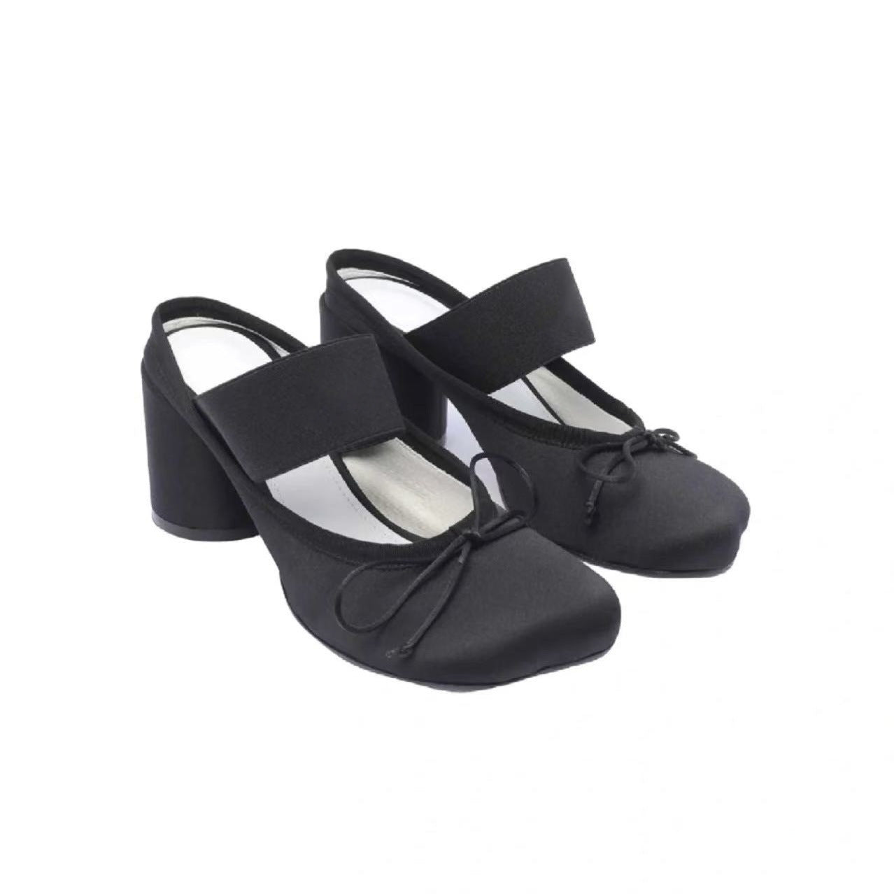 Sarah Express Satin Mary Jane Chunky Heel Flats Black