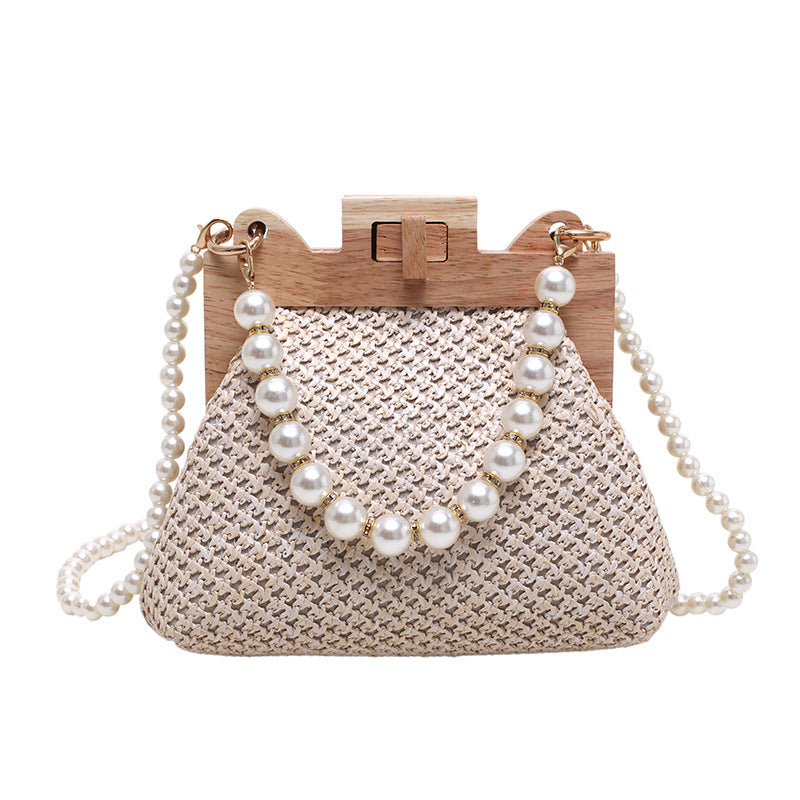 Sarah Express Woven Straw Shoulder Bag with Pearl Chain