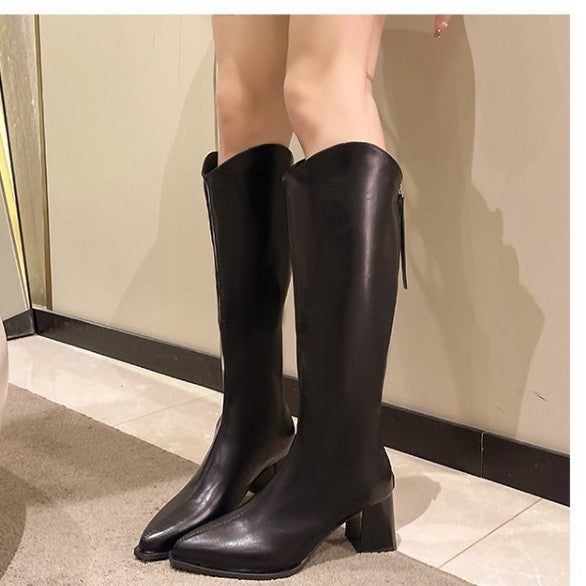 Sarah Express Chunky Heel Pointed Toe Mid-Calf Boots
