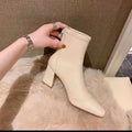 Sarah Express Square Toe Elastic Chunky Heel Boots Beige