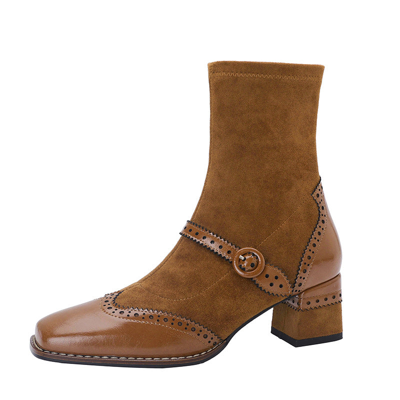 Sarah Express Vintage Square Toe Chunky Heel Boots