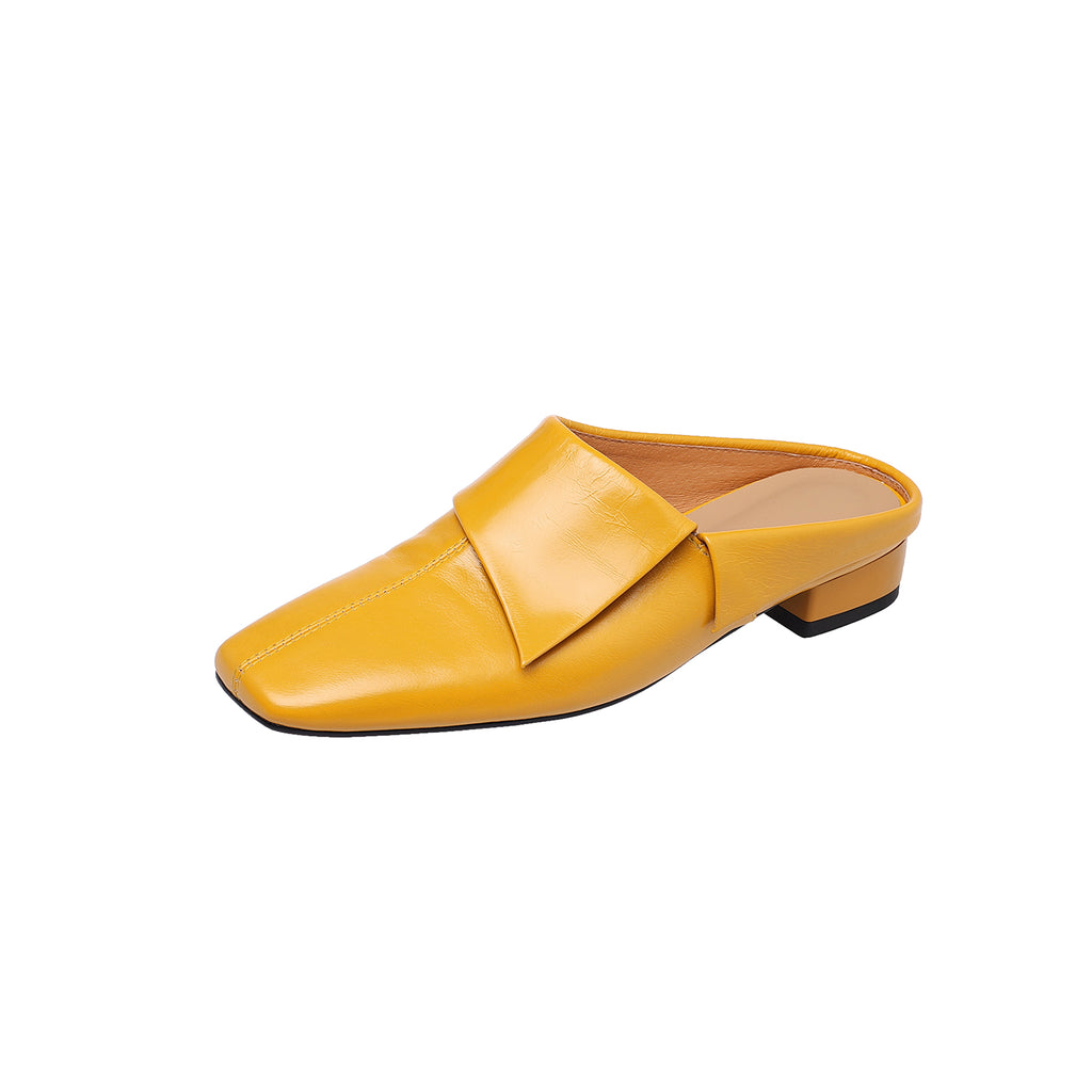 Sarah Express Vintage Cowhide Fold-Over Square Toe Mules Lemon Yellow