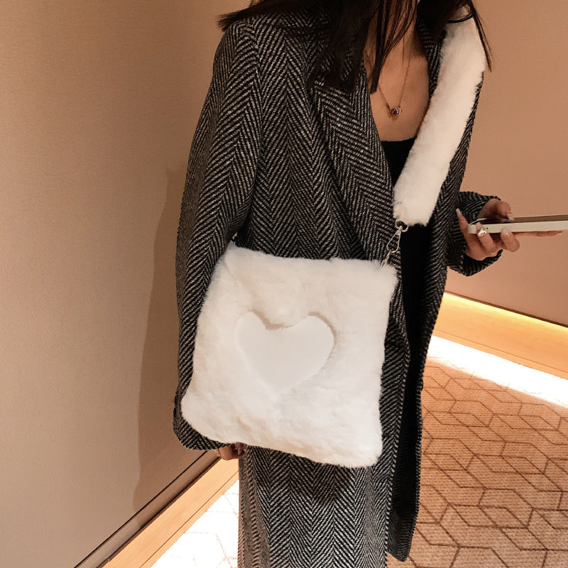 Sarah Express Plush Heart Detail Vertical Shoulder Bag