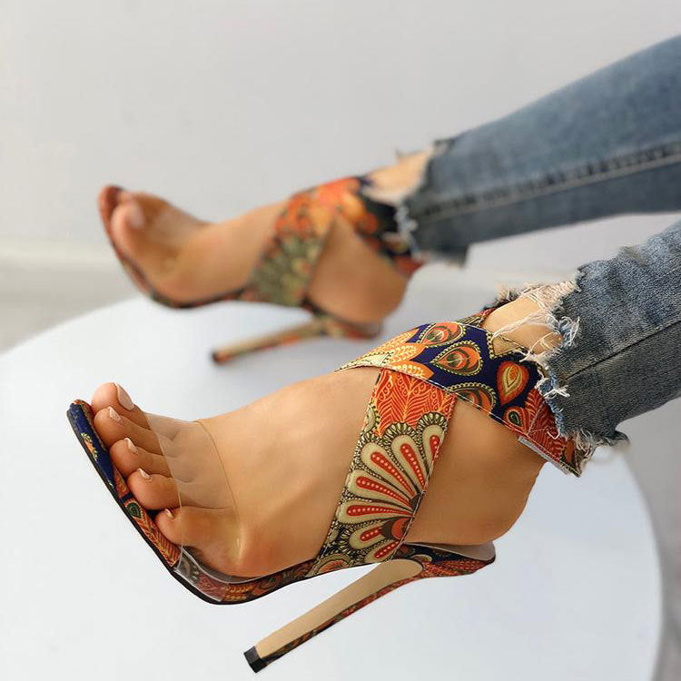 Sarah Express Printed Stiletto Heel Sandals Round Toe