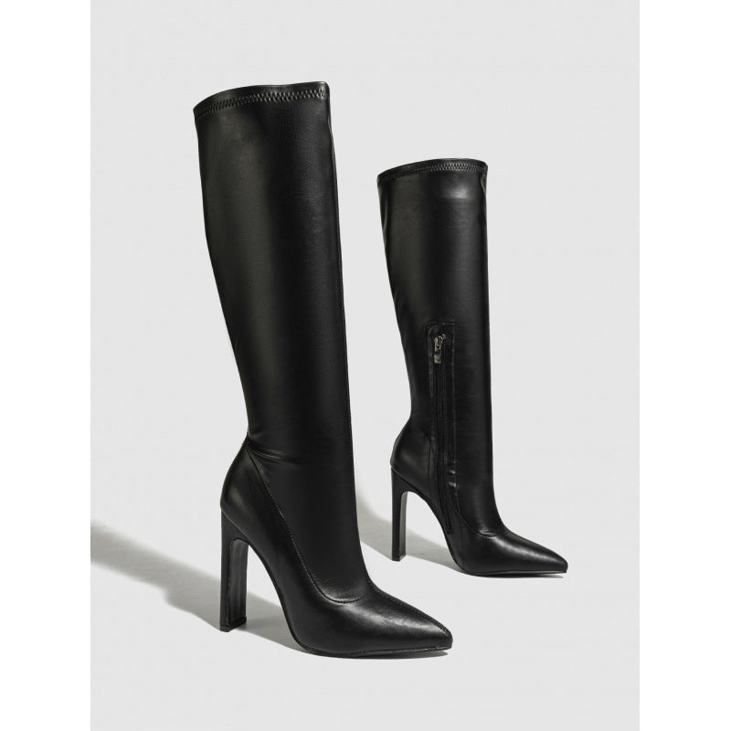 Sarah Express Pointed Toe Satin Mid-Calf Knight Boots Black