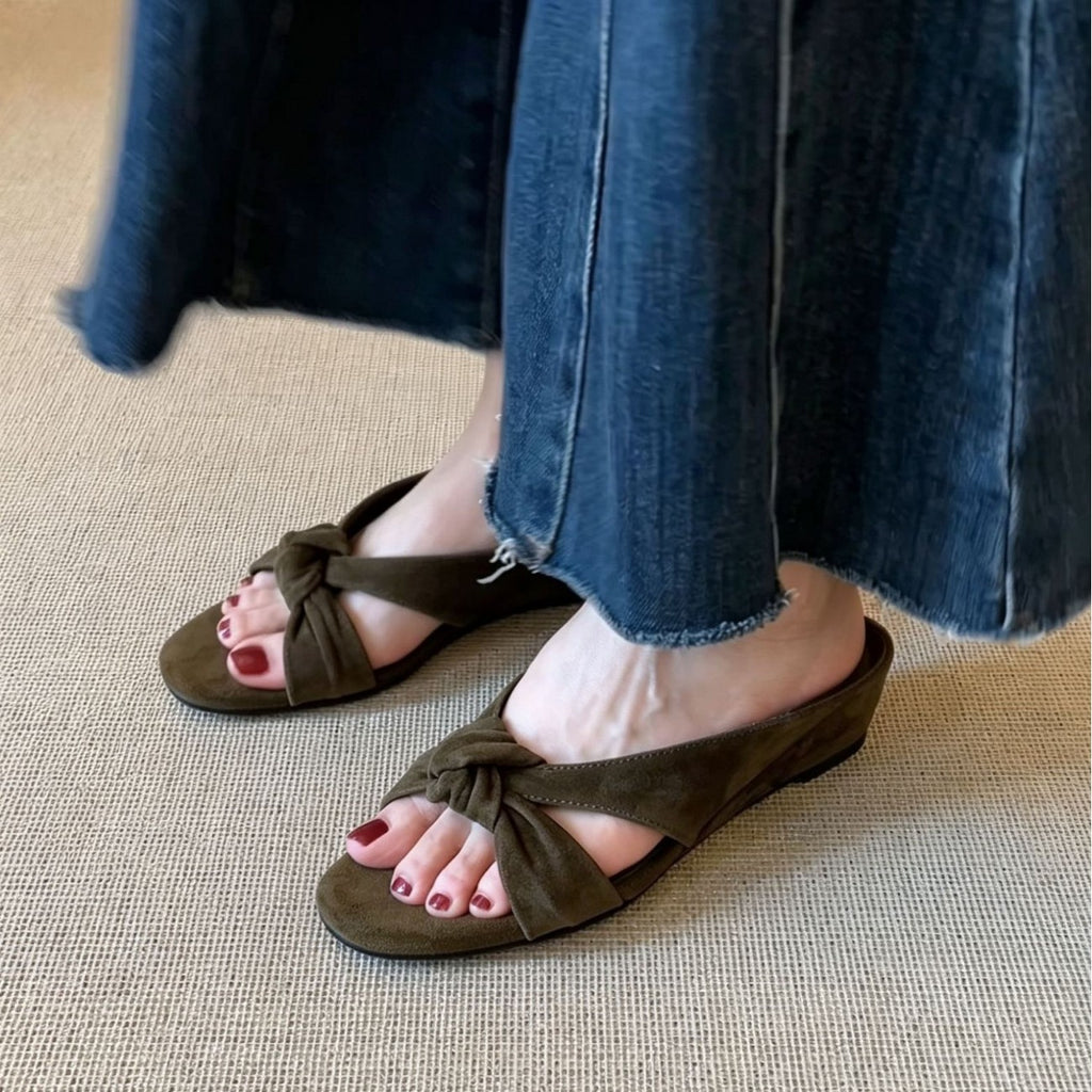 Sarah Express Retro Suede Sheepskin Slip-On Wedge Sandals