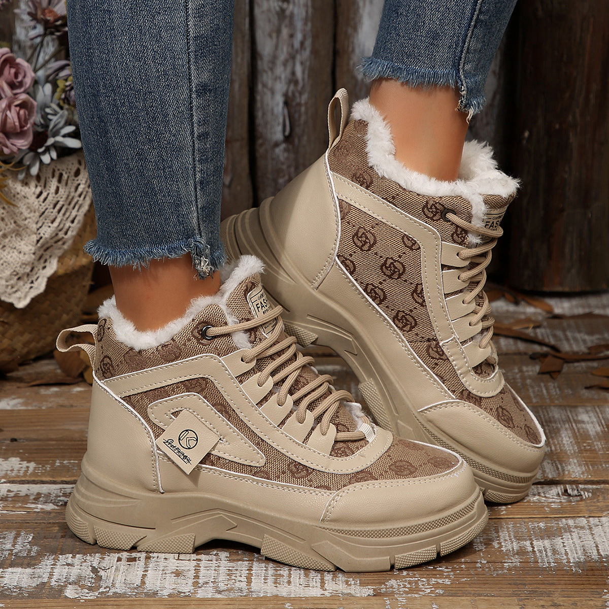 Sarah Express Fleece-Lined High-Top Platform Winter Boots Khaki