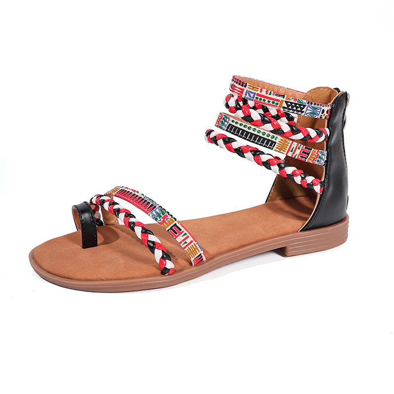 Sarah Express Ethnic Style Woven Strap Flat Sandals Black