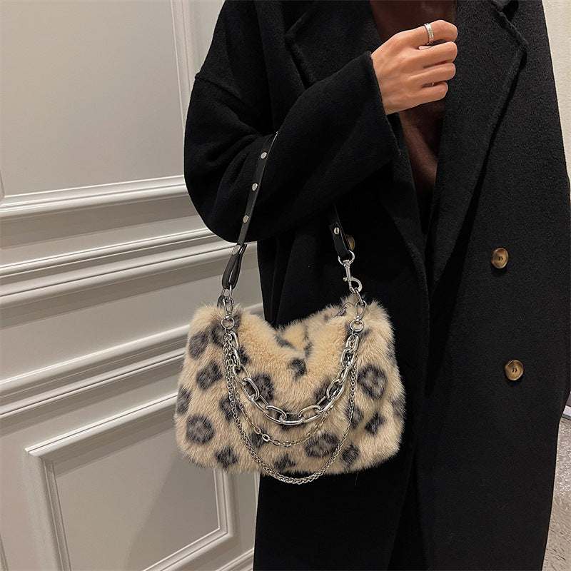 Sarah Express Leopard Print Plush Chain Shoulder Bag
