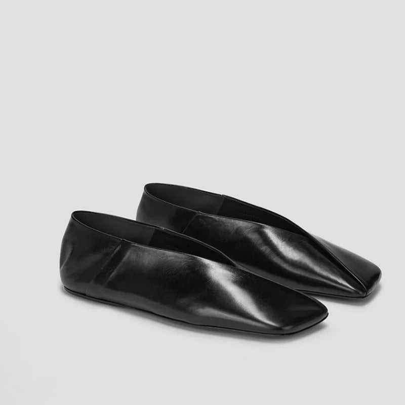 Sarah Express French Style Square Toe Leather Flats Black