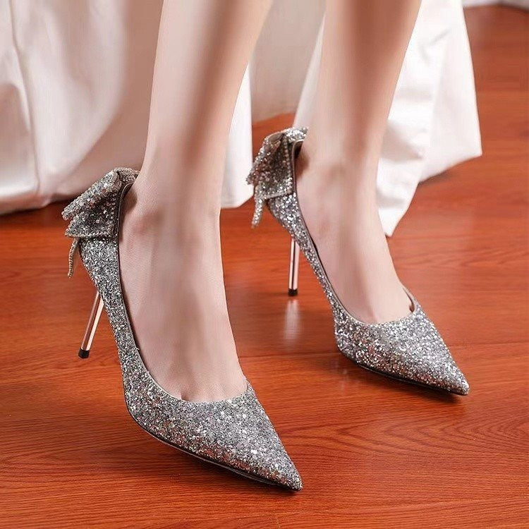 Sarah Express Silver Glitter Pointed Toe High Heels