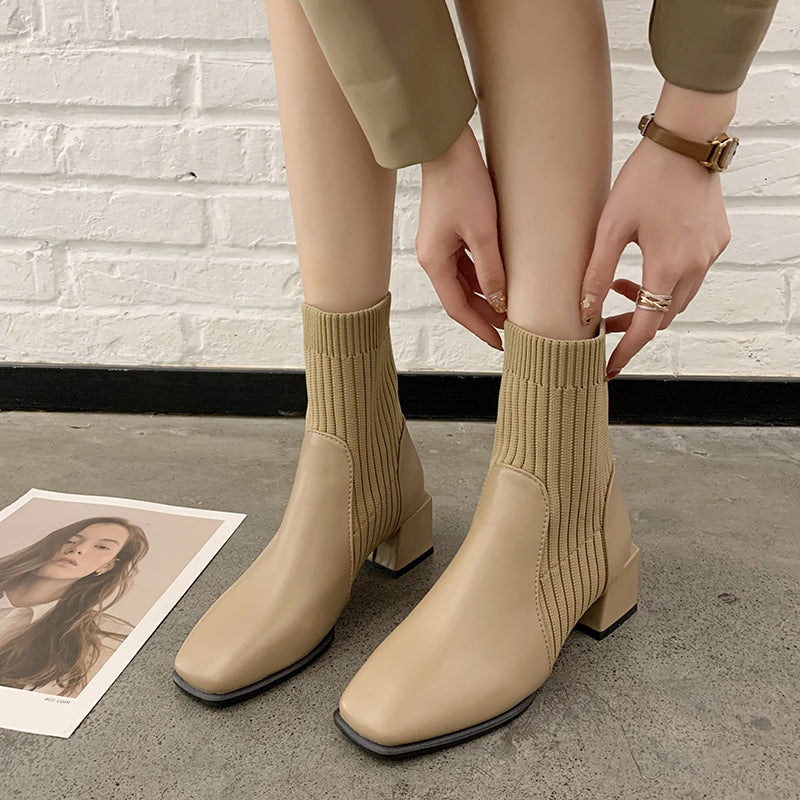 Sarah Express Square Toe Thick Heel Sock Boots