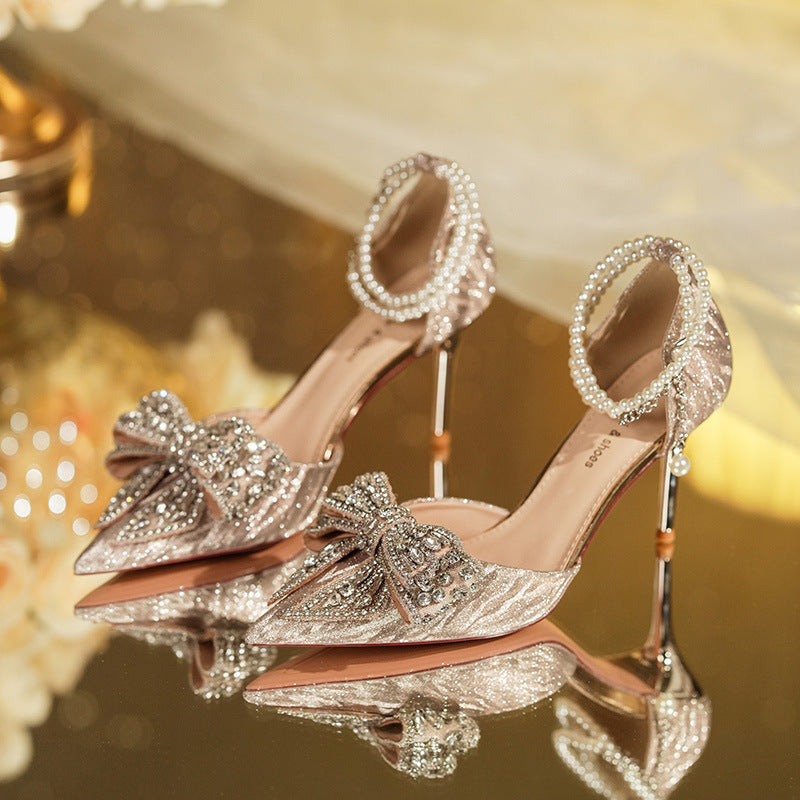 Sarah Express Rhinestone Bow Pointed Toe Pearl Heels