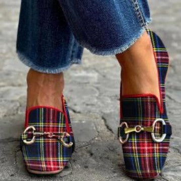 Sarah Express Women's Plaid Square-Toe Buckle Flats