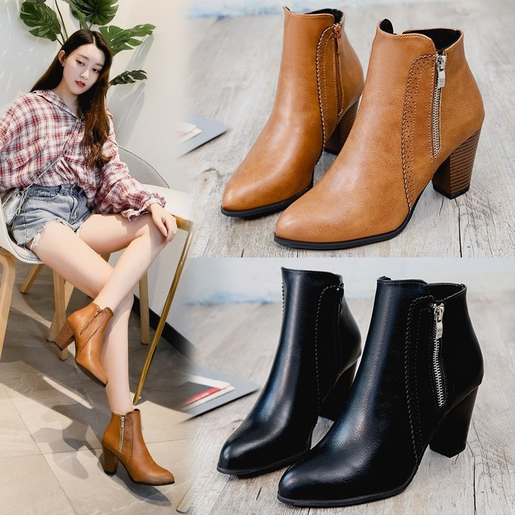 Sarah Express Retro Pointed Toe Chunky Heel Ankle Boots