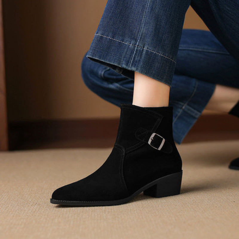 Sarah Express Women's Retro Satin Chunky Heel Boots Black Single