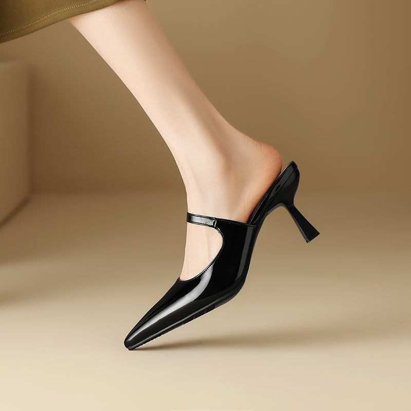 Sarah Express Patent Leather Pointed Toe Stiletto Mules Black