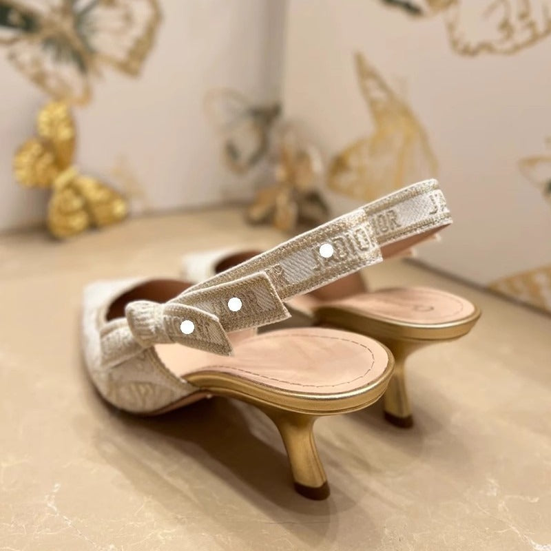 Sarah Express Gold Bow Strap Pointed Toe Heels