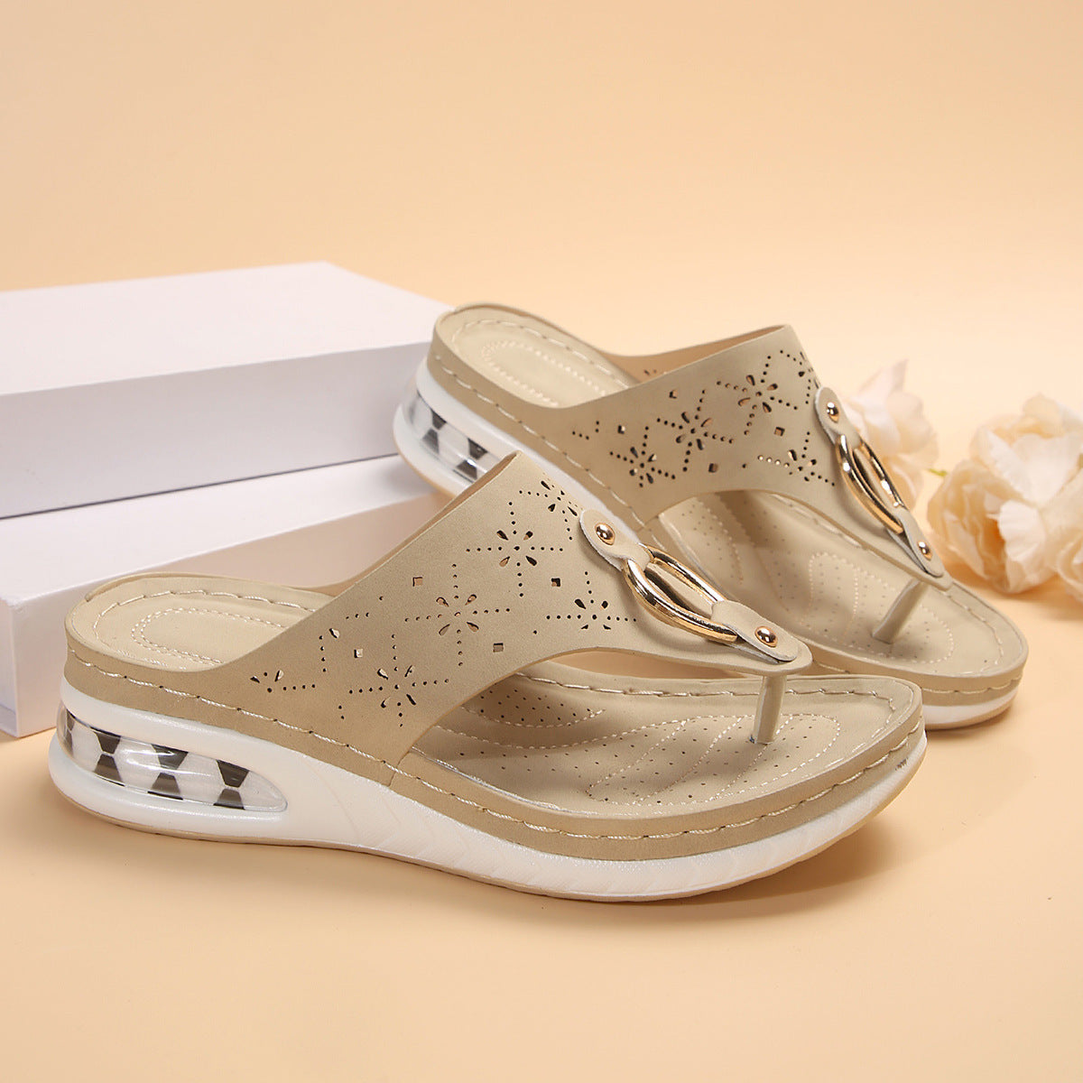 Sarah Express Air Cushion Wedge Thong Sandals Khaki