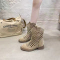 Sarah Express Hollowed-Out Mesh Mid-Calf Chunky Boots Khaki