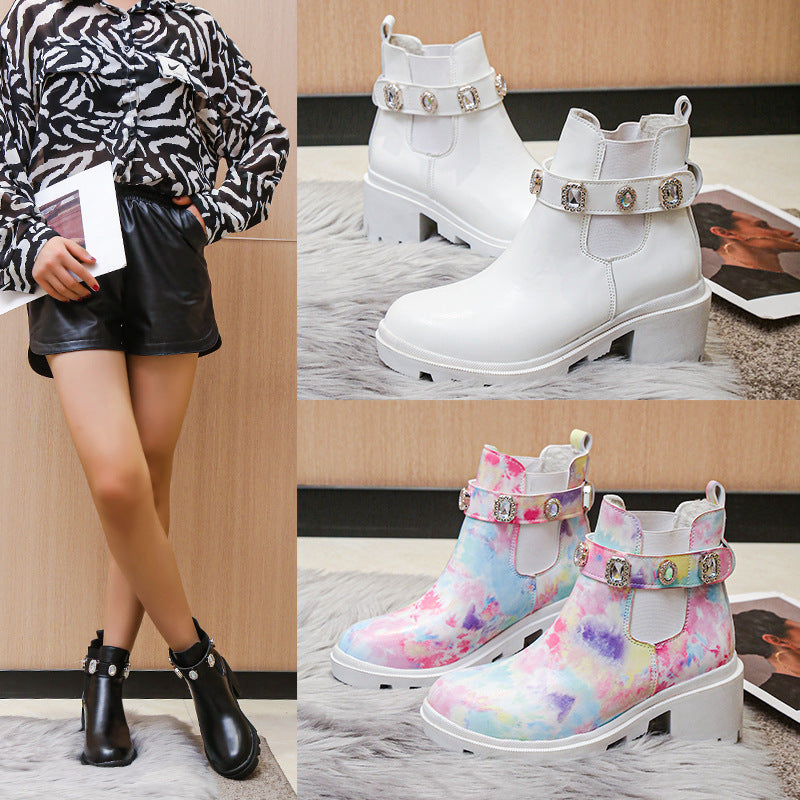 Sarah Express Rhinestone Chunky Heel Ankle Boots