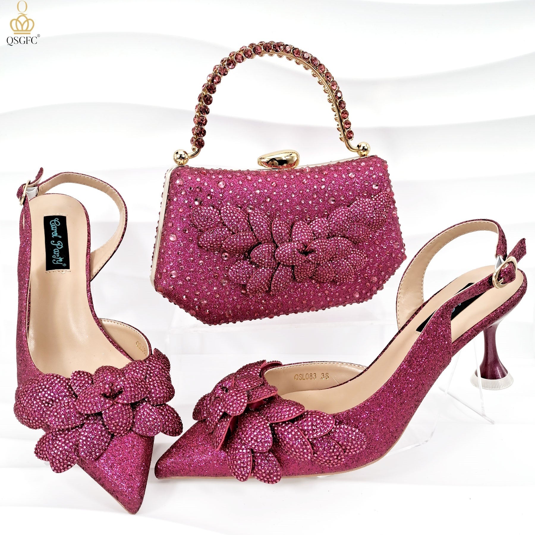 Sarah Express Rhinestone Floral Party Heels and Bag Set Rose Red