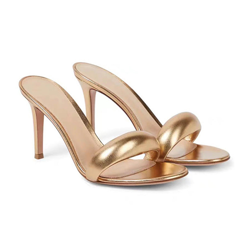 Sarah Express Round Head High Heeled Slide Sandals Gold