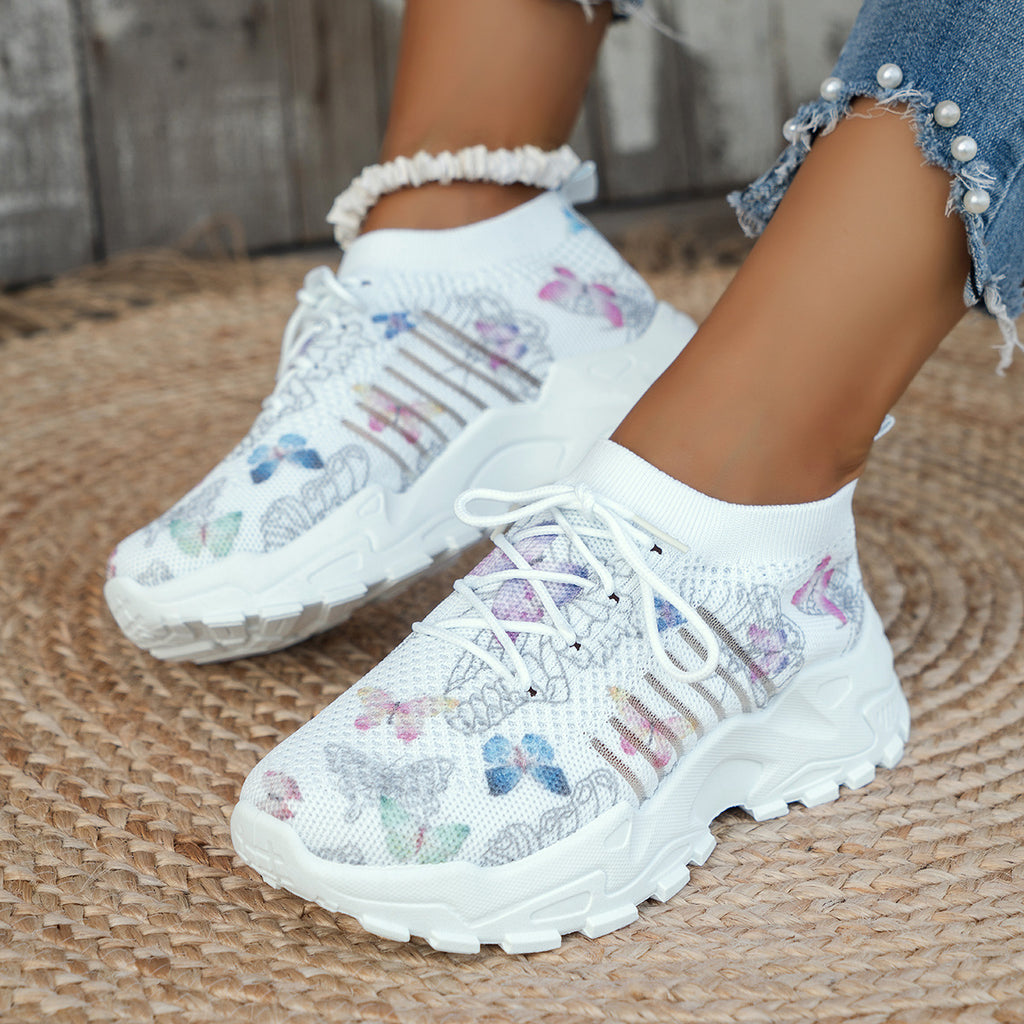 Butterfly Print Mesh Sneakers Women's Flat Heel Casual Shoes Fashion Running Jogging Walking Sports Shoes – front product view
