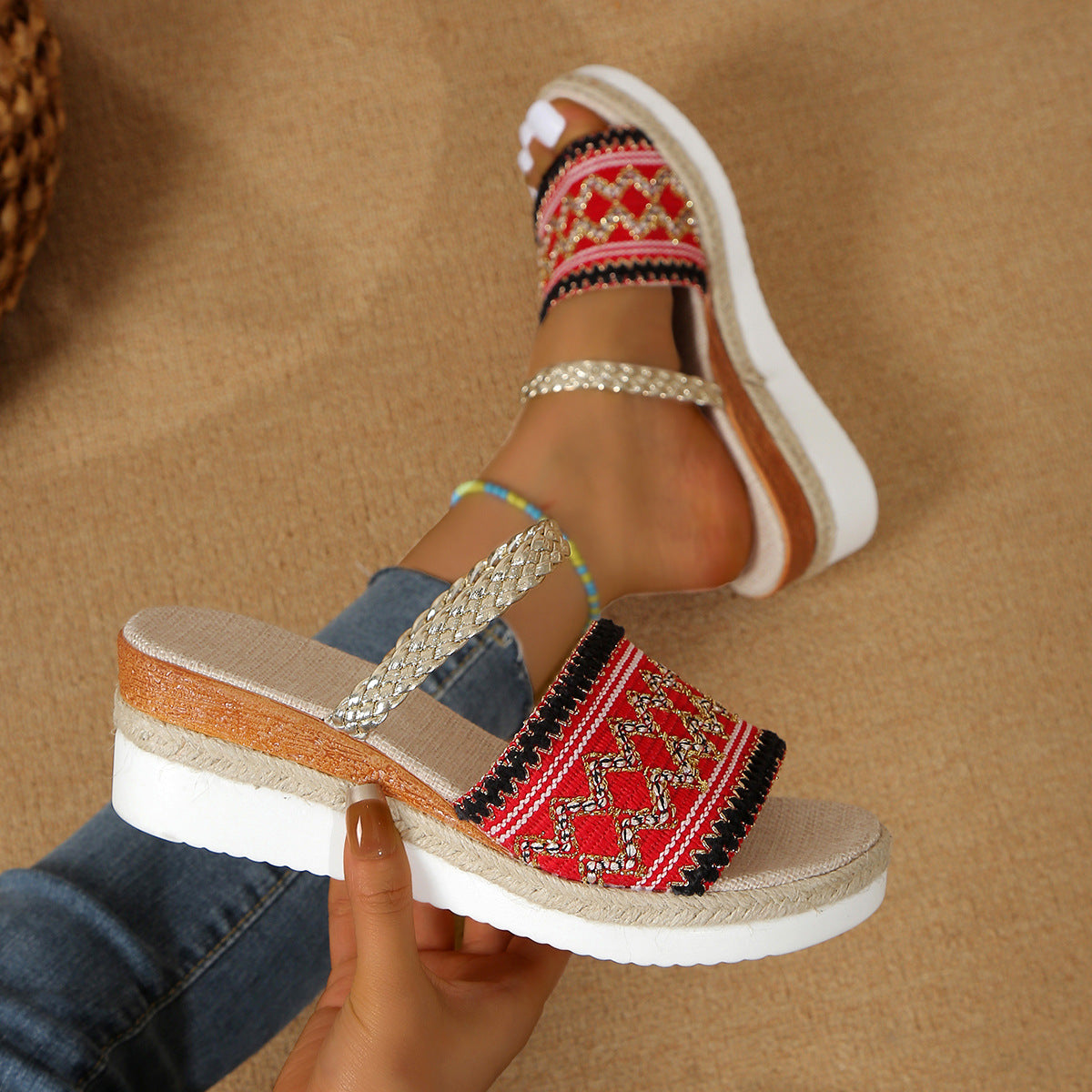 Sarah Express Ethnic Pattern Wedge Sandals Summer Slides