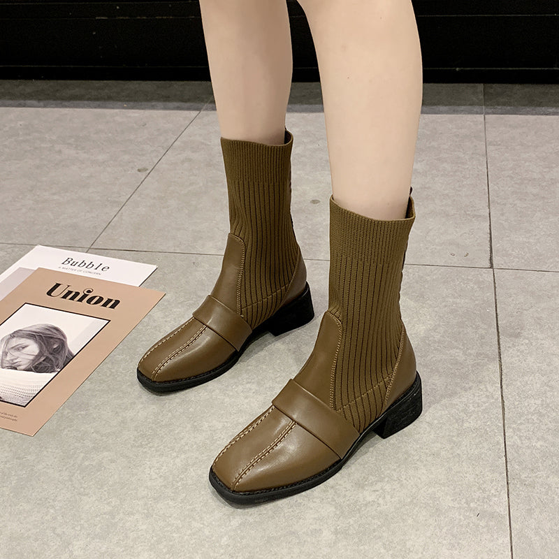 Sarah Express Square Toe Knitted Mid-Tube Martin Boots